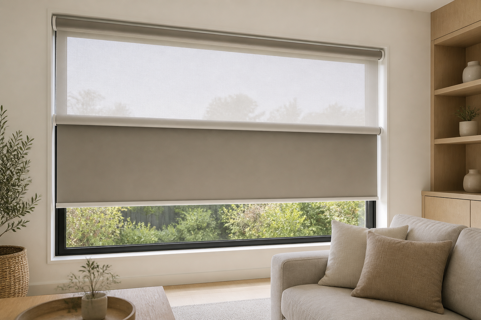 True dual roller blind system with separate sunscreen and blockout roller blinds